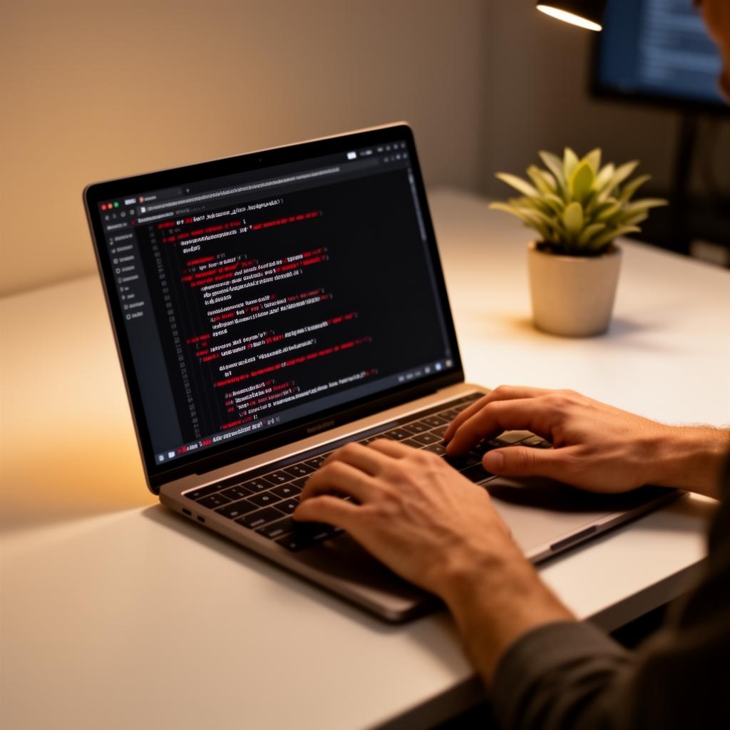 Developer coding on a laptop in a modern workspace